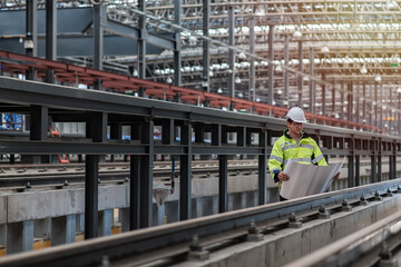 Naklejka premium Engineer standing in depot and railway inspection. construction worker on railways. Engineer work on railway. rail, engineer, Infrastructure