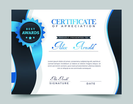 Modern abstract shapes certificate of achievement with badge. Award diploma and graduation template
