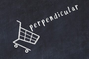 Chalk drawing of shopping cart and word perpendicular on black chalboard. Concept of globalization and mass consuming