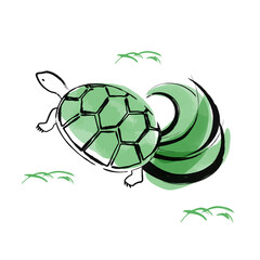 水墨画風蓑亀のベクターイラスト　緑色