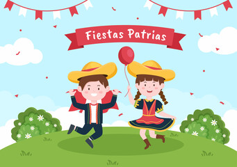Felices Fiestas Patrias or Peruvian Independence Day Cartoon Illustration with Flag and Cute People for National Holiday Peru Celebration on 28 july in Flat Style