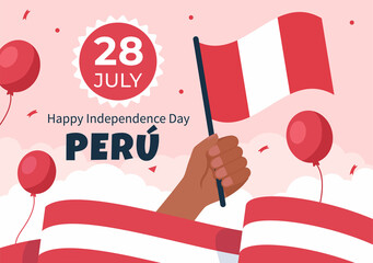 Felices Fiestas Patrias or Peruvian Independence Day Cartoon Illustration with Flag for National Holiday Peru Celebration on 28 july in Flat Style Background - obrazy, fototapety, plakaty