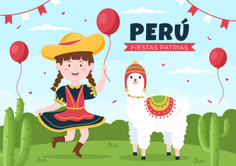 Obraz na płótnie Canvas Felices Fiestas Patrias or Peruvian Independence Day Cartoon Illustration with Flag and Cute People for National Holiday Peru Celebration on 28 july in Flat Style