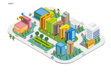 楽しい街並みと暮らしの風景。人々が明るく暮らせる建物と街づくり。アルファベットの可愛いビル。