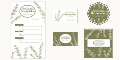 set of beauty salon template designs with hand drawn illustration of lavender