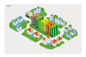 楽しい街並みと暮らしの風景。人々が明るく暮らせる建物と街づくり。アルファベットの可愛いビル。