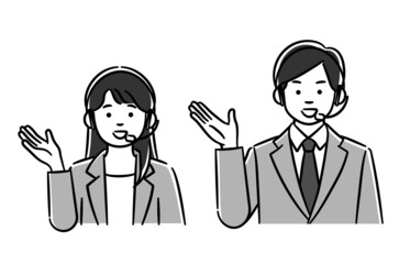 コールセンターの男女のモノクロイラストセット