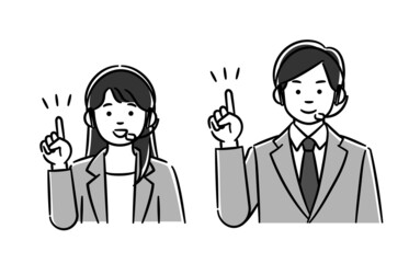 コールセンターの男女のモノクロイラストセット