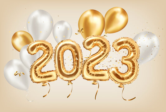 2023 golden decoration holiday on beige background. Happy new year 2023 holiday. Gold and silver foil balloons numeral 2023 with glitter gold confetti and Realistic 3d vector illustration.