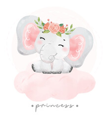 cute baby pink elephant sitting on soft cloud cartoon watercolor hand drawn illustration vector