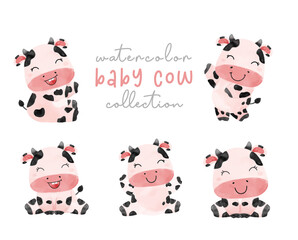 cute baby cow girl hand drawn cartoon watercolour set, farm animal character illustration vector