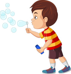 Cartoon little boy blowing a soap bubbles