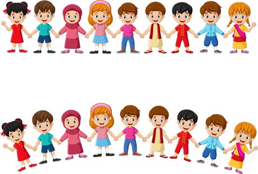 Cartoon group of multiethnic children holding hands