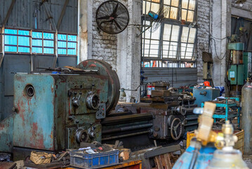 Close-up of rotor equipment in an old factory building in an industrial area