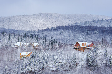 Naklejka premium View on the roofs of chalet and cabins, surrounding by pine trees covered with snow, near Tremblant ski resort, on a snowy and cold day in Quebec (Canada)