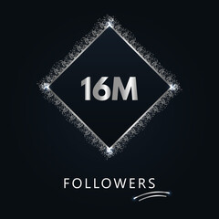 16M with silver glitter isolated on a navy-blue background. Greeting card template for social networks likes, subscribers, celebrating, friends, and followers. 16 million followers
