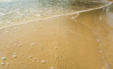 Wave on sandy beach in the sunset.