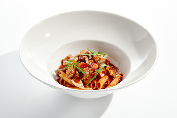 Traditional Italian dish - penne with salmon and squid with tomato sauce and olives. Penne marinara with seafood on white table. Italian seafood pasta in arrabiata sauce - healthy mediterrian lunch.