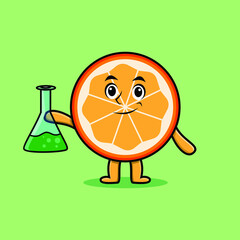 Cute cartoon mascot character orange fruit as scientist with chemical reaction glass in cute modern style design