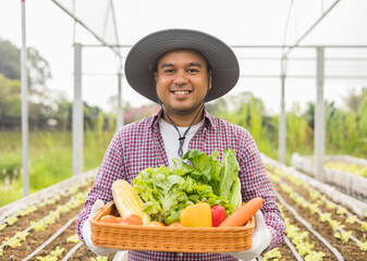 An Asian farmer stands in front of a vegetable garden with a basket full of fresh vegetables. Agriculture until the vegetable harvesting season in the greenhouse © Chanakon