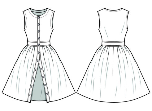 Front Placket Sleeveless Skater Dress Front and Back View. Fashion Illustration, Vector, CAD, Technical Drawing, Flat Drawing.