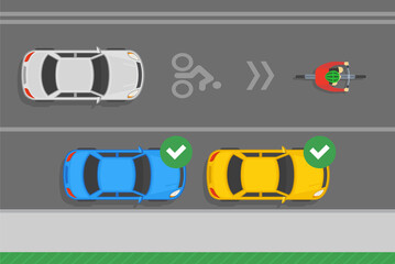 Outdoor parking rules and tips. Riding bicycle on a shared lane or sharrow. Top view of correct parked cars at edge of the city road. Flat vector illustration template.