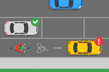 Outdoor parking rules and tips. No parking in bicycle lanes traffic or road rule. Top view of correct and incorrect parked cars. Flat vector illustration template.