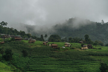 Fototapeta na wymiar Green rice terrace fields and mountain background in rainy season.