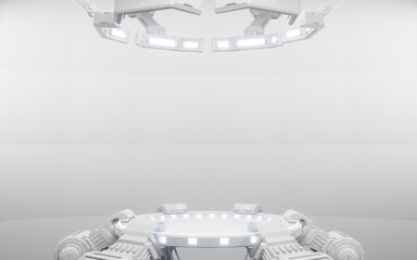 3D Rendering of white bright theme sci fi pedestal in scientific laboratory with mechanical robot arms holder and ceiling light. For technology product, crypto currency,  high tech background