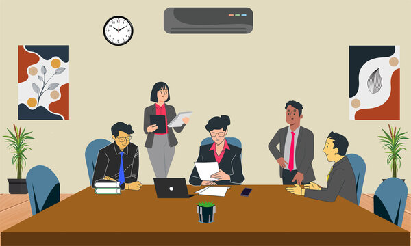 Lawyers discussing on business maters in their law firm. Flat cartoon vector illustration.
