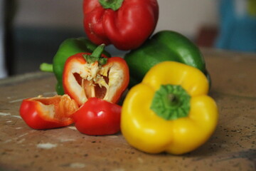 Green, red and yellow bell peppers