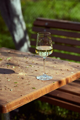 A glass of white wine on a table in the garden. A spring evening surrounded by nature. Vertical...