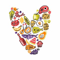 Vector illustration in the shape of a heart with a collection of food.