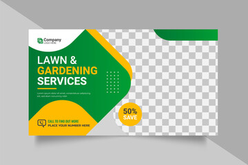 Agricultural and farming services web banner or social media post lawn gardening template design