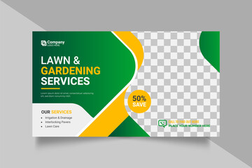 Agricultural and farming services web banner or social media post lawn gardening template design