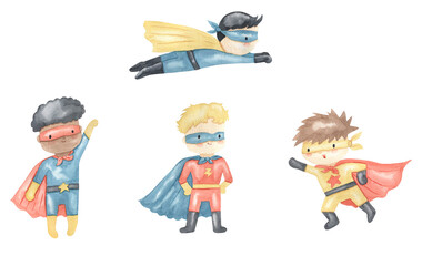 Watercolor  boys superheroes illustration for kids - obrazy, fototapety, plakaty