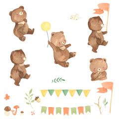 Watercolor bear. Forest animal illustration for kids