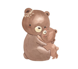 Watercolor bear mother and baby illustration for kids