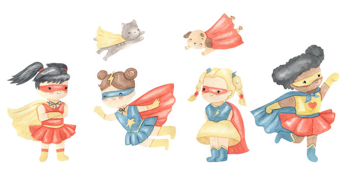 Watercolor  girls superheroes illustration for kids