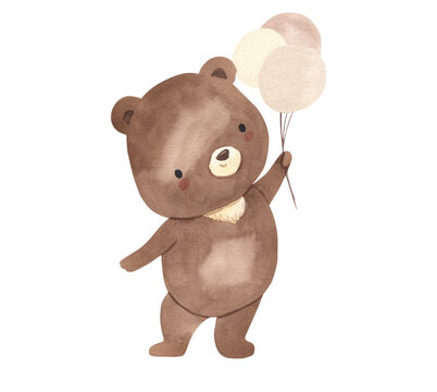 Watercolor bear with balloon  illustration for kids