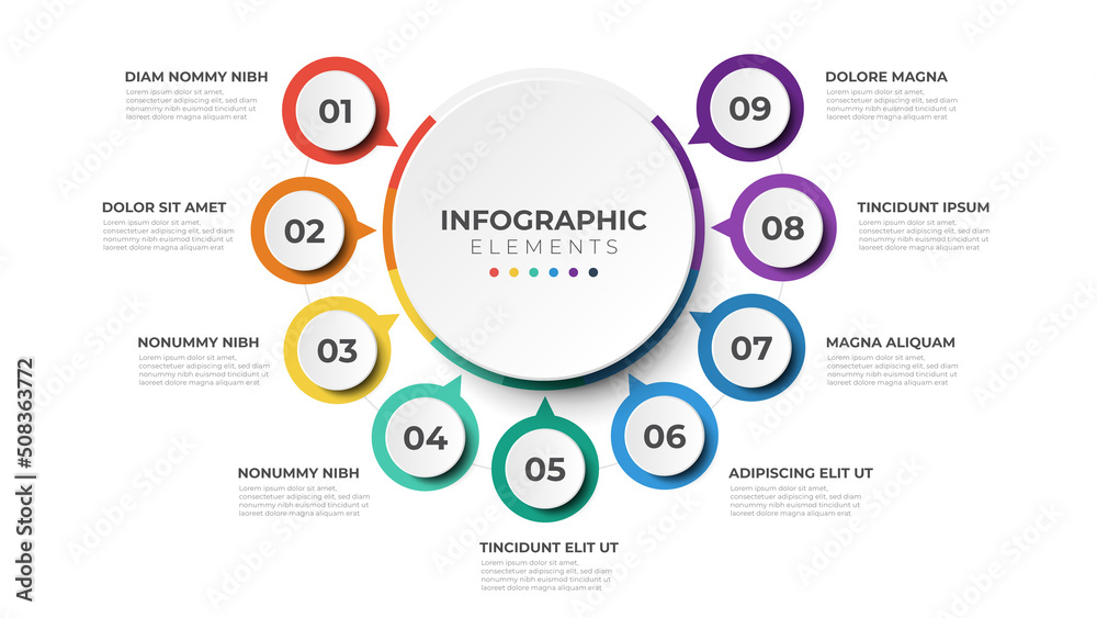 Wall mural circular layout diagram with 9 list of steps, circular layout diagram infographic element template