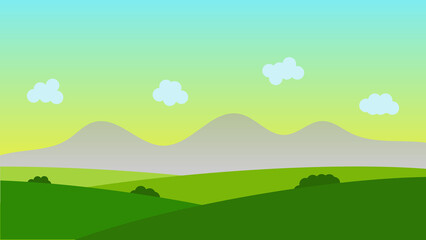 landscape cartoon scene with green trees on hills and sky background