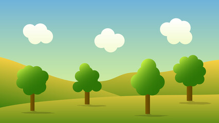 landscape cartoon scene with green trees on hills and cloud in the sky background