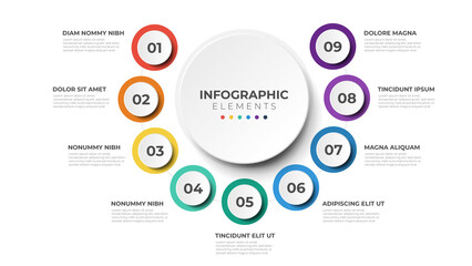 9 list of steps, circular layout diagram with number of sequence, infographic element template - obrazy, fototapety, plakaty