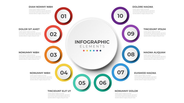 10 list of steps, circular layout diagram with number of sequence, infographic element template