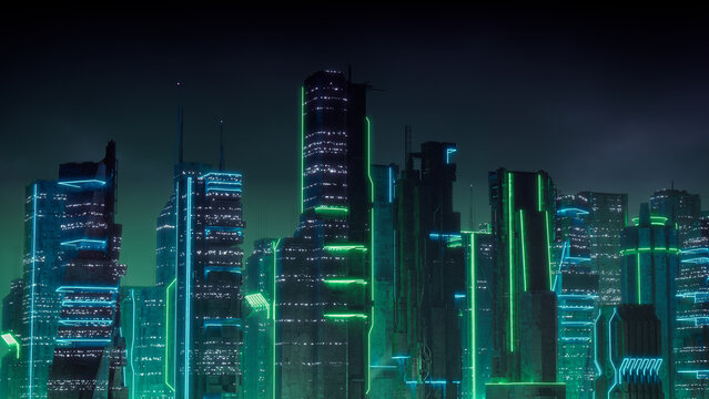 Sci-fi Metropolis with Green and Blue Neon lights. Night scene with Visionary Superstructures.