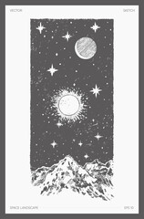 High detail illustration of space landscape, cosmos. Hand drawn, sketch