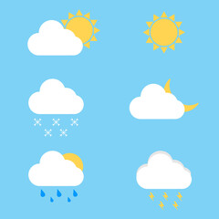 A set of icons on the weather theme. Sun, snow, rain, thunderstorm.