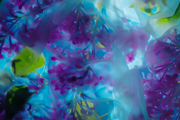 Fototapeta na wymiar Lilac flowers background texture, white cloth veil, backlight