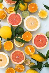 Fresh slices of different types of citrus: Orange, lime,lemon Grapefruit